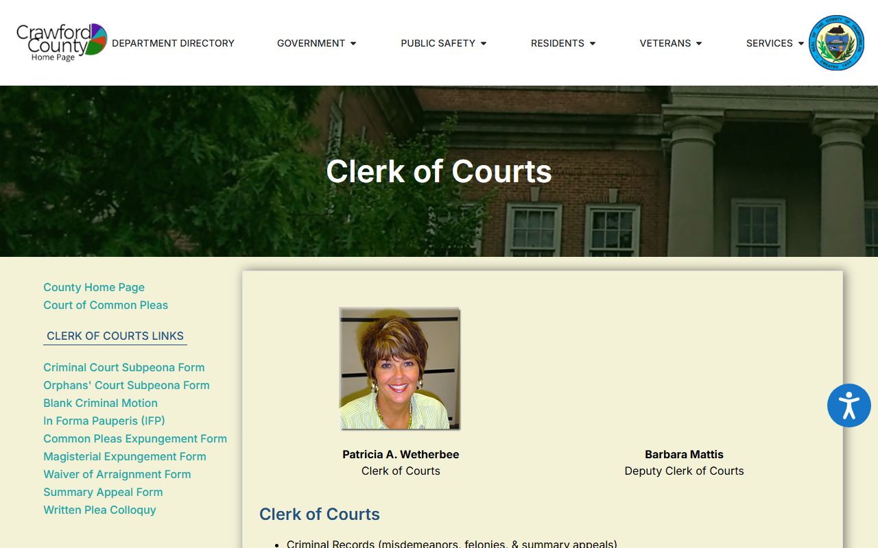 Crawford County criminal and Orphans Court records Clerk of Courts page