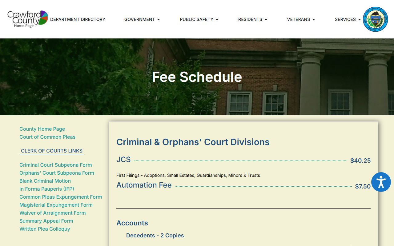 Crawford County marriage records fee schedule