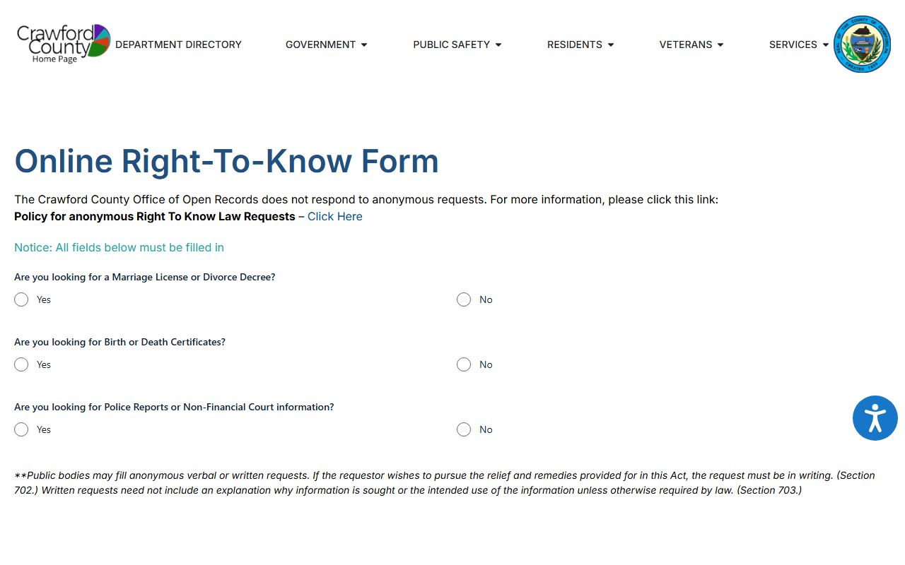 Crawford County warrant search Right-to-Know request form